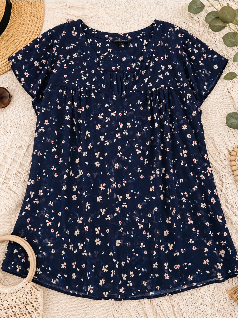 Banana Republic Navy Floral Flutter Sleeve Blouse Size Large